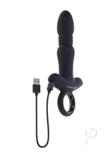 Gender X Slayer Silicone Thrusting Anal Vibrator Black with USB charging cable, showcasing its smooth design and finger grip.