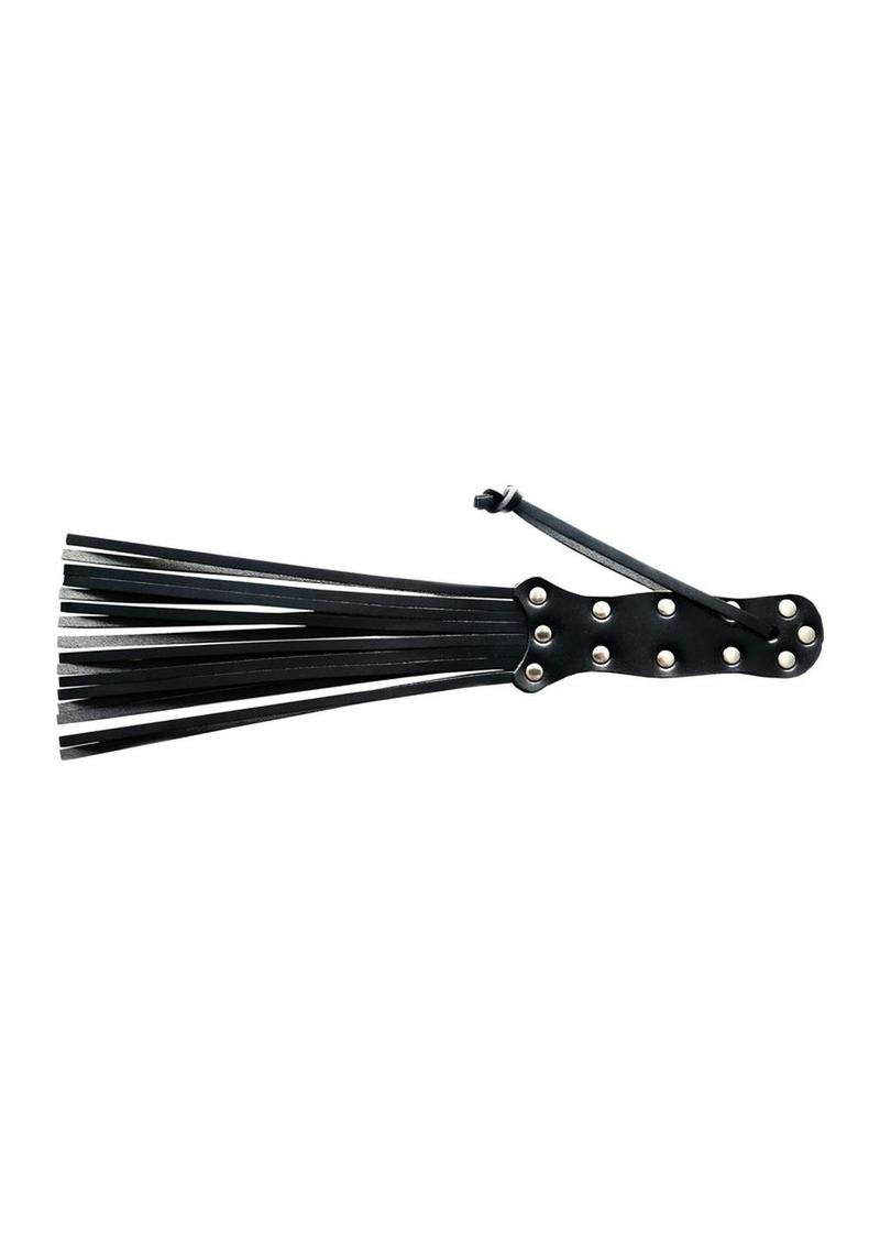 Rouge Leather Spiral Paddle Black showcasing a sleek design with leather falls for sensual play and impact.