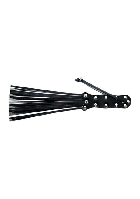 Rouge Leather Spiral Paddle Black showcasing a sleek design with leather falls for sensual play and impact.