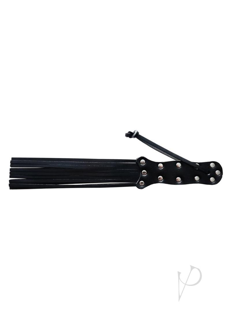 Rouge Leather Spiral Paddle Black featuring a sleek black design with leather strips and decorative metal rivets.