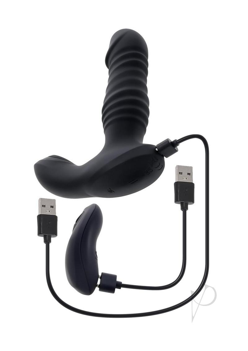 Zero Tolerance Striker Thrusting Anal Vibrator Black with ribbed shaft and USB charging.