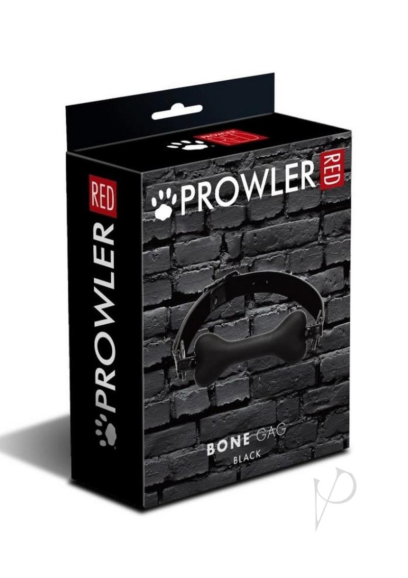 Prowler RED Bone Shaped Silicone Ball Gag Black product packaging displayed against a textured brick background.