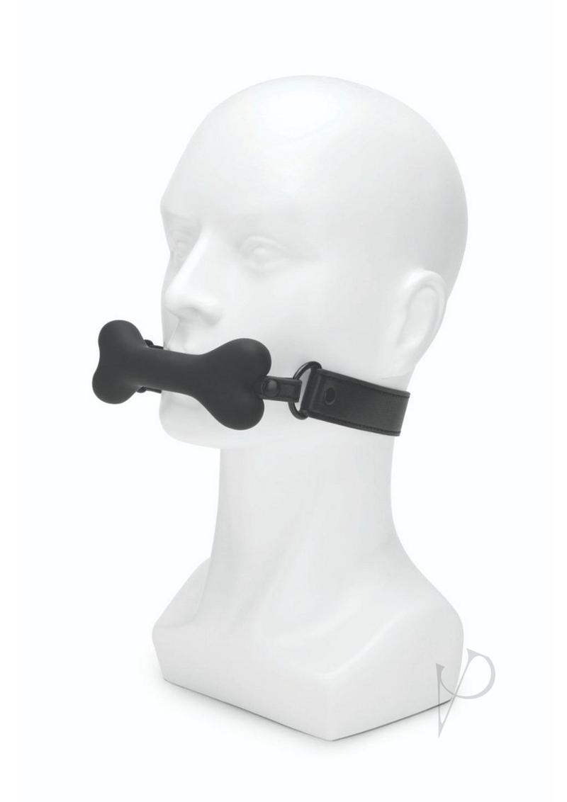 Prowler RED Bone Shaped Silicone Ball Gag Black displayed on a mannequin head for restraint play.