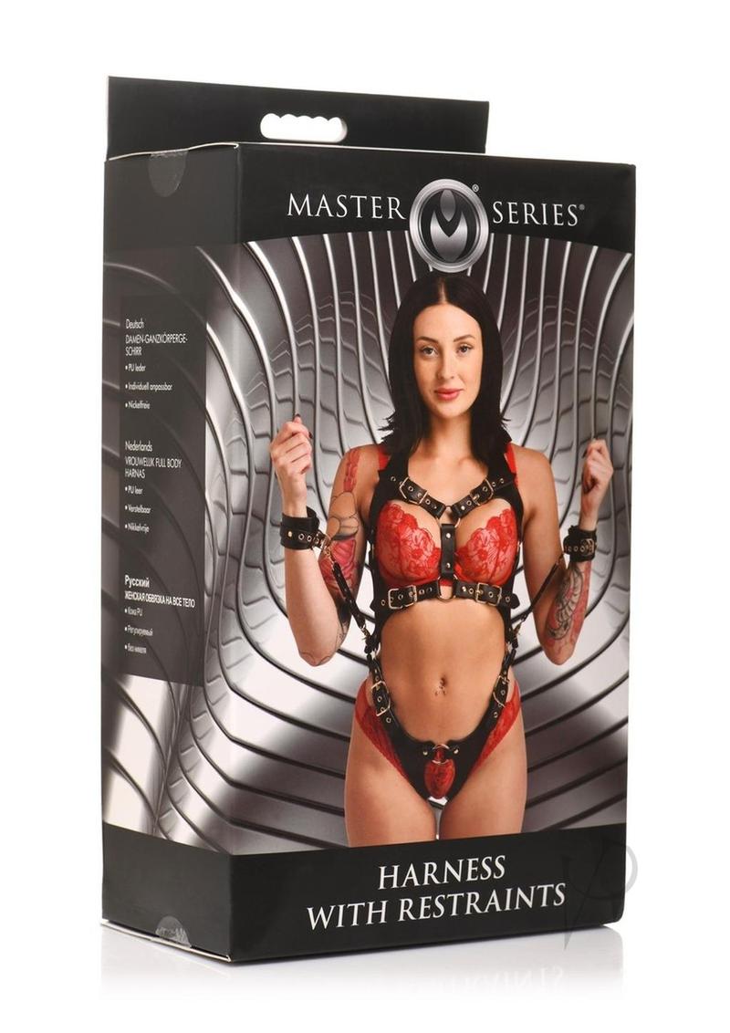 Master Series Body Harness with Restraints Black Gold packaging showcasing the adjustable harness with restraints.