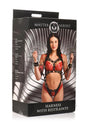 Master Series Body Harness with Restraints Black Gold packaging showcasing the adjustable harness with restraints.