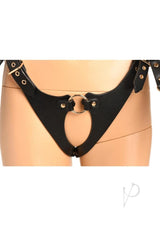 Master Series Body Harness with Restraints Black Gold on a mannequin, featuring adjustable straps and gold accents.