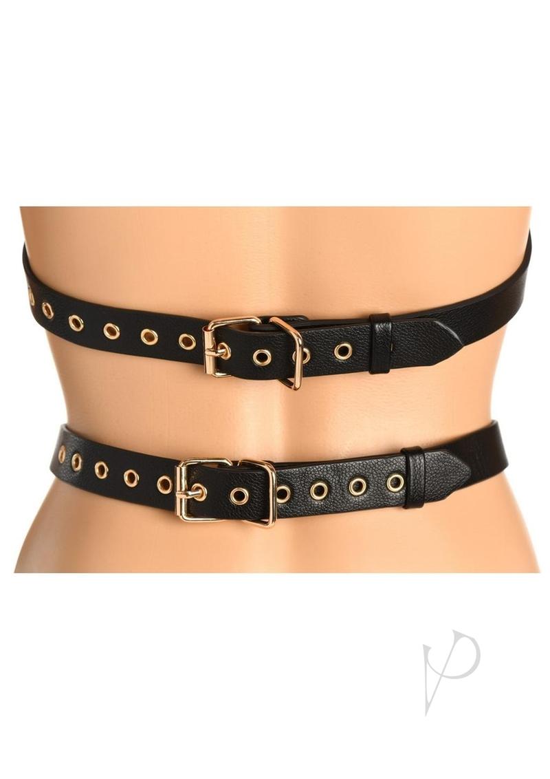 Master Series Body Harness with Restraints Black Gold showing adjustable straps and gold rings on a mannequin.