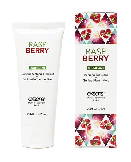 EXSENS of Paris Flavored Water Based Lubricant Raspberry 70 ml packaging and tube with raspberry design.