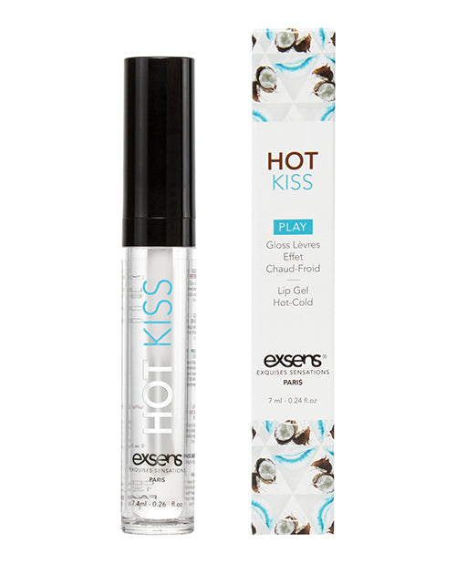 EXSENS of Paris Hot Kiss Play Lip Gloss Coconut packaging and applicator with tropical design.