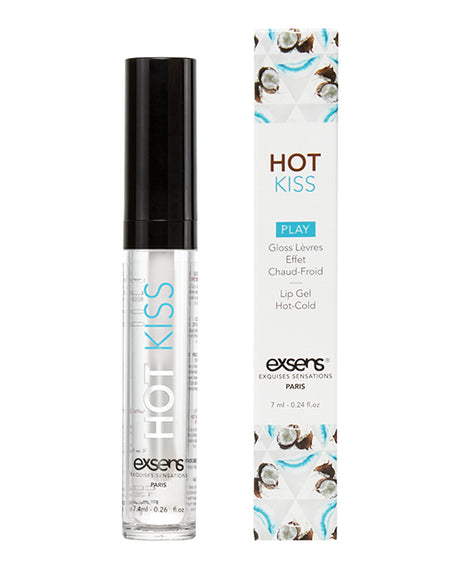 EXSENS of Paris Hot Kiss Play Lip Gloss Coconut packaging and applicator with tropical design.