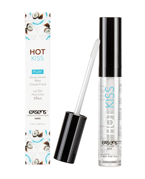 EXSENS of Paris Hot Kiss Play Lip Gloss Coconut product packaging and applicator showing a glossy finish.