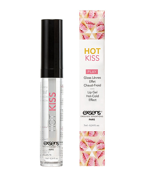 EXSENS of Paris Hot Kiss Play Arousal Lip Gloss Strawberry 0.24 Oz packaging and applicator, strawberry flavor, warming gel.