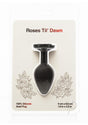 Roses Til Dawn Silicone Butt Plug Medium Black packaging showing a flower-shaped anal plug.