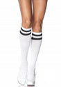 Leg Avenue Athletic Knee High OS White Black socks with black stripes, perfect for sporty looks and costumes.