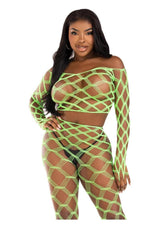 Leg Avenue Hardcore Net Crop Top & Footless Tights Neon Green model showcases bold festival-ready outfit.