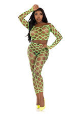 Leg Avenue Hardcore Net Crop Top & Footless Tights Neon Green worn by model, showcasing vibrant festival fashion.
