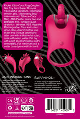 Flicker Clitty Cock Ring Vibrator packaging showcasing dual stimulation, ergonomic design, and care instructions.