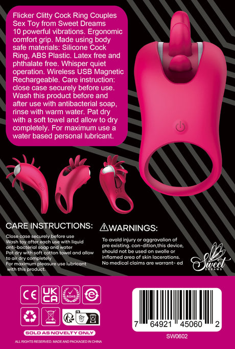 Flicker Clitty Cock Ring Vibrator packaging showcasing dual stimulation, ergonomic design, and care instructions.