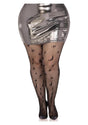 Leg Avenue Celestial Net Tights 1X 2X Black worn under a shiny metallic mini skirt, featuring a celestial pattern.