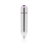 Tantus Vibrating Progressive Beads Anal Plug Onyx, shiny silver anal plug with purple button, designed for deeper anal pleasure.