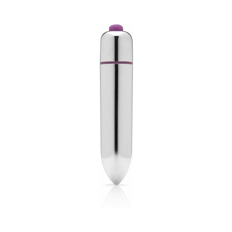 Tantus Vibrating Progressive Beads Anal Plug Onyx, shiny silver anal plug with purple button, designed for deeper anal pleasure.