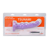 Tantus Tsunami Vibrating G-spot Silicone Dildo Lavender packaging with details on features and design.
