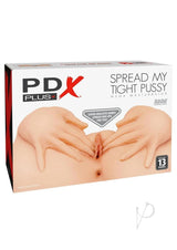 PDX Plus Spread My Tight Pussy Masturbator Vanilla packaging with super-realistic hands design.