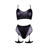 Le Desir Bliss 2-Piece Fishnet Bra & Gartered Panty Set Black O/S