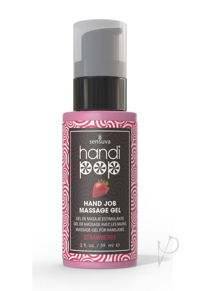 HandiPop Edible Hand Job Massage Gel Strawberry 2 oz in a bottle, perfect for sensual hand massages with strawberry flavor.