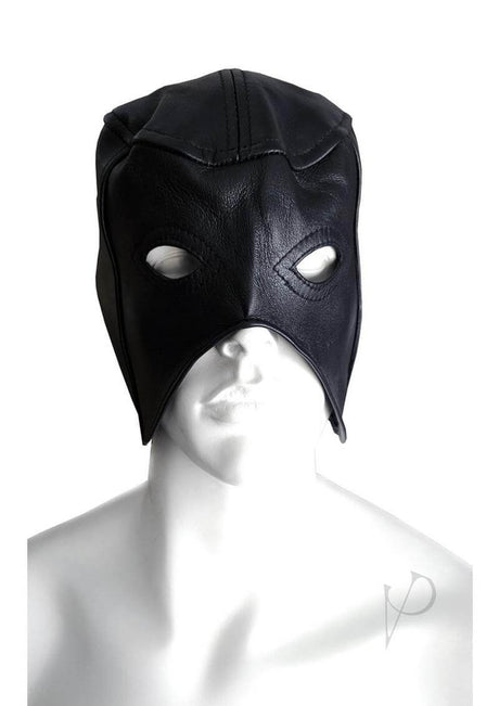 Rouge Leather Executioner Half Mask Black displayed on a mannequin, showcasing its striking leather design and eye holes.