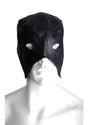 Rouge Leather Executioner Half Mask Black displayed on a mannequin, showcasing its striking leather design and eye holes.