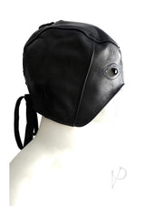 Rouge Leather Executioner Half Mask Black displayed on a mannequin side view, showcasing its sleek leather design.