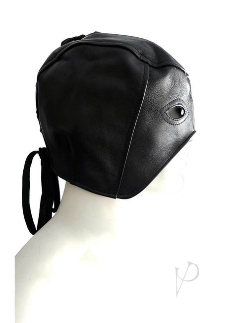 Rouge Leather Executioner Half Mask Black displayed on a mannequin side view, showcasing its sleek leather design.