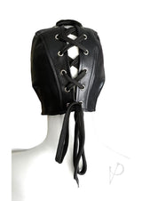 Rouge Leather Executioner Half Mask Black, showcasing intricate lace-up design and sleek black leather finish.