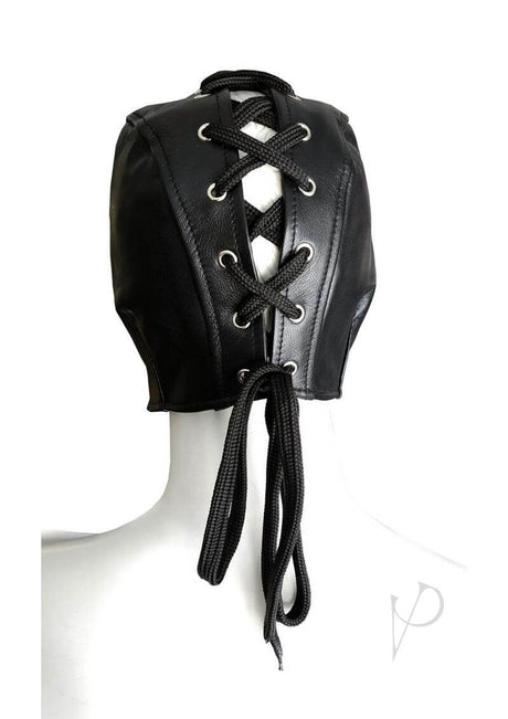 Rouge Leather Executioner Half Mask Black, showcasing intricate lace-up design and sleek black leather finish.