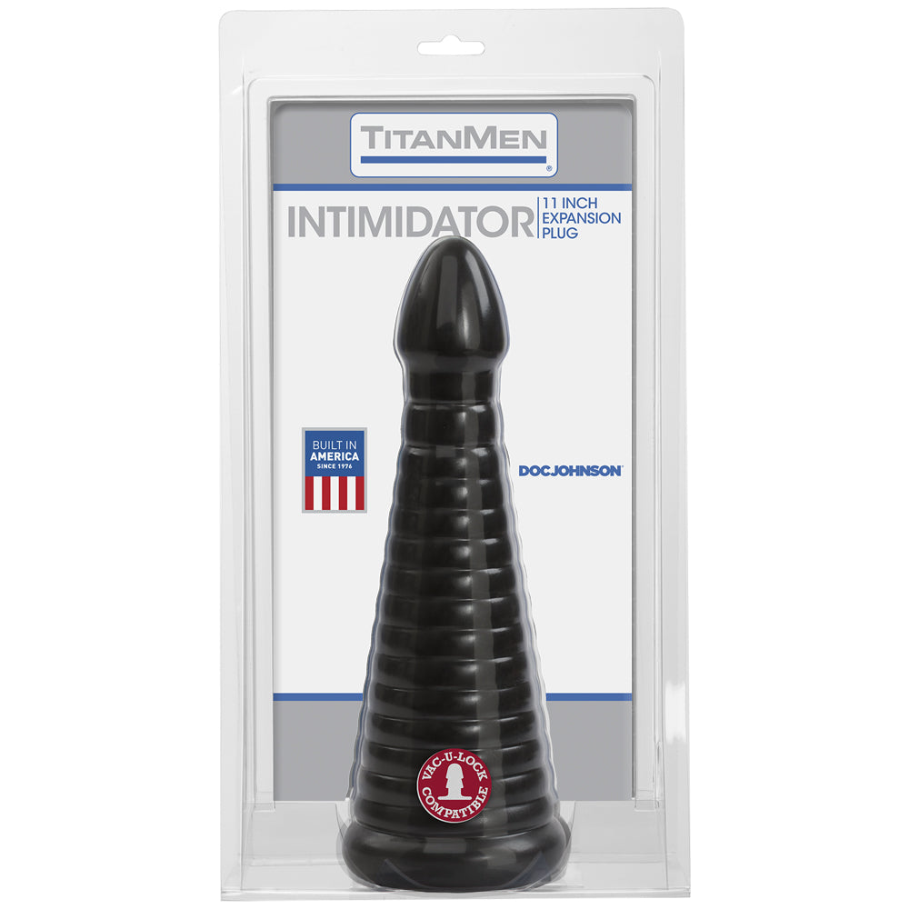 TitanMen Intimidator 10 Inch Ribbed Anal Plug Black displayed in packaging for advanced anal play.