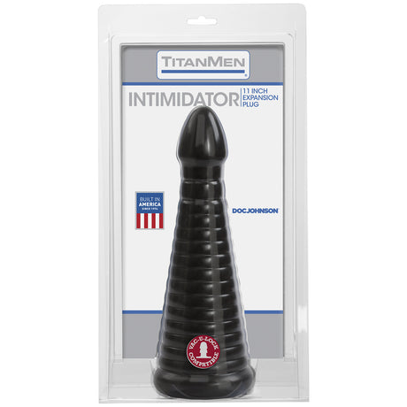 TitanMen Intimidator 10 Inch Ribbed Anal Plug Black displayed in packaging for advanced anal play.