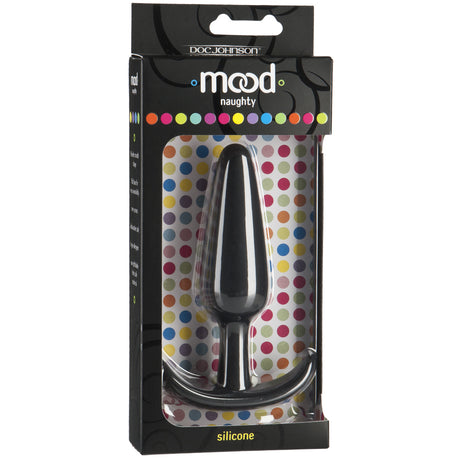 Mood Naughty 1 Silicone Anal Plug Large Black in stylish packaging with colorful polka dots for backdoor pleasure.