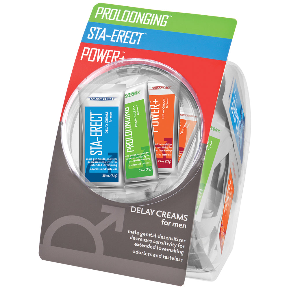 Delay Creams For Men Fishbowl Display 144 Assorted Pieces with desensitizing formulas for extended pleasure.