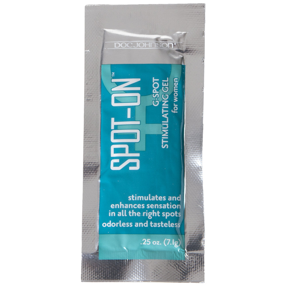Spot-on G-spot Stimulating Gel for Women Fishbowl Display sachet with blue packaging featuring product benefits.