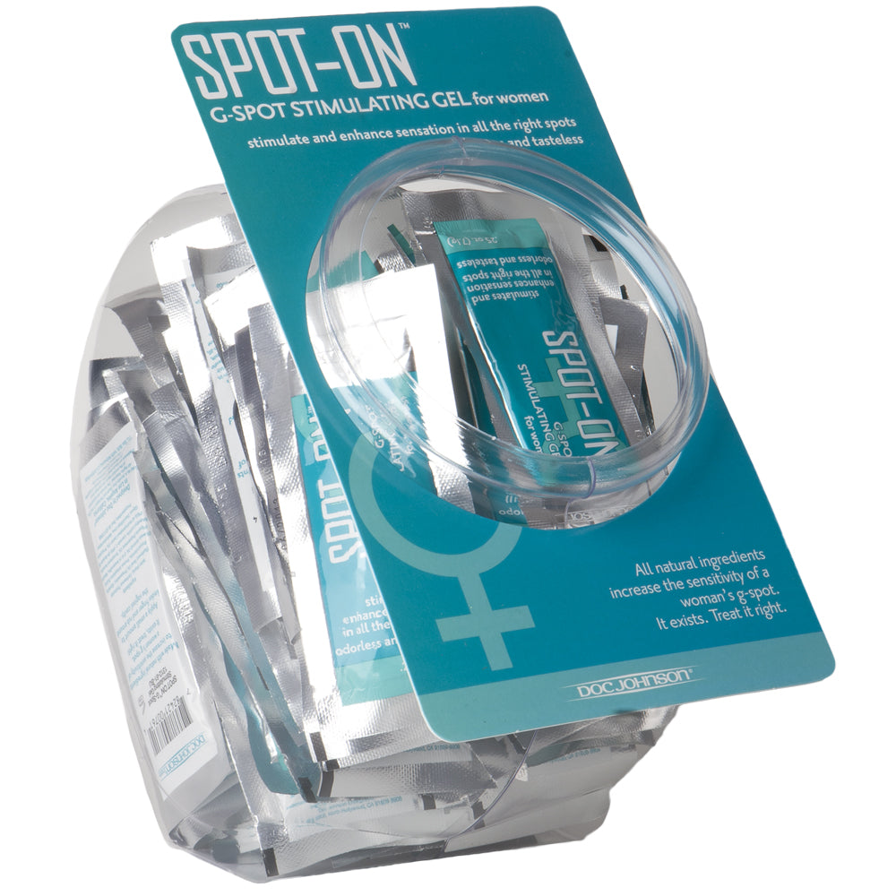 Spot-on G-spot Stimulating Gel for Women Fishbowl Display with single-serve sachets for enhanced pleasure.