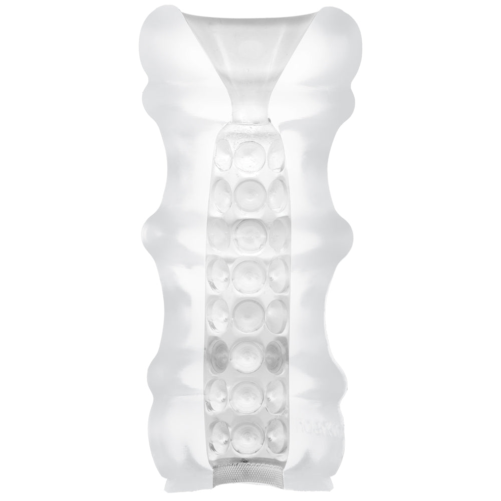 Mood Ultraskyn Stroker Pleaser Massage Beads Frost detailed view of a soft, stretchy open-ended stroker with internal massage beads.