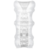 Mood Ultraskyn Stroker Pleaser Massage Beads Frost detailed view of a soft, stretchy open-ended stroker with internal massage beads.