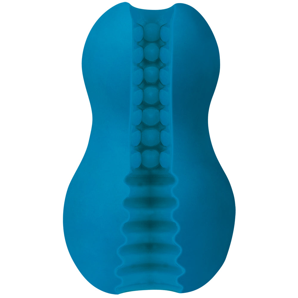 Doc Johnson Mood Exciter Dual Tunnel Stroker Blue, ergonomically shaped ULTRASKYN sleeve with dual entrances.
