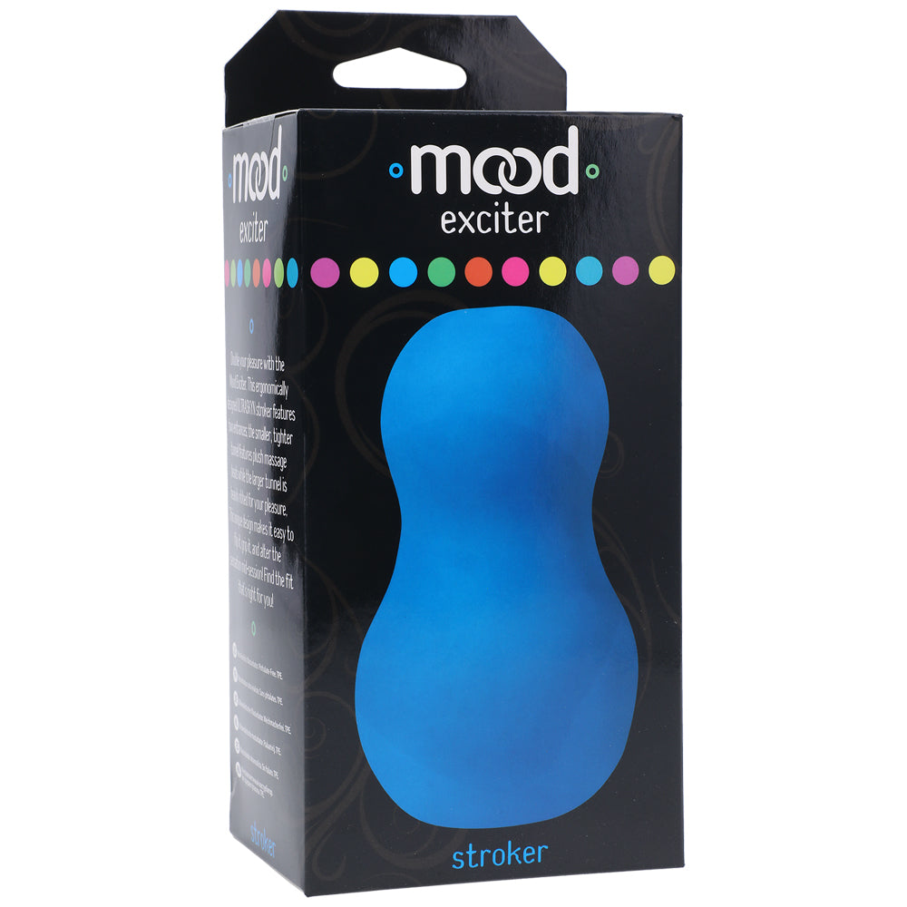 Doc Johnson Mood Exciter Dual Tunnel Stroker Blue packaging design with ergonomic shape and vibrant blue color.