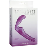 Platinum Silicone The Gal Pal Strapless Strap-On Purple packaging featuring its ergonomic design for versatile pleasure.