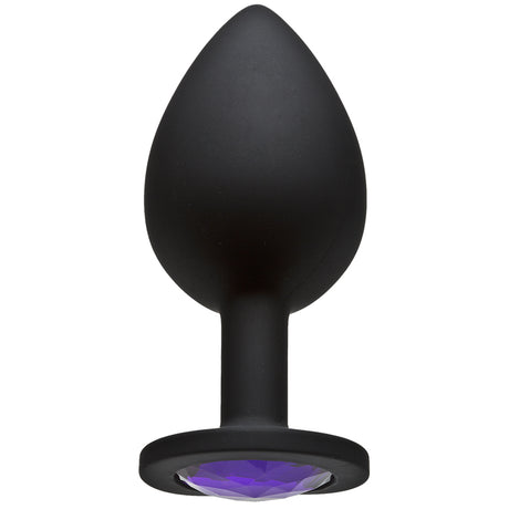 Booty Bling Jeweled Silicone Anal Plug Large Purple features sleek black silicone and a stunning purple gem design.