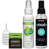 Vac-U-Lock Dual Density Ultraskyn Set Vanilla cleaning supplies including toy cleaner, lubricant, and refresh powder.