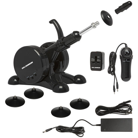 Vac-u-lock Fuck Machine with Remote Black, automated thrusting machine with remote control and accessories.