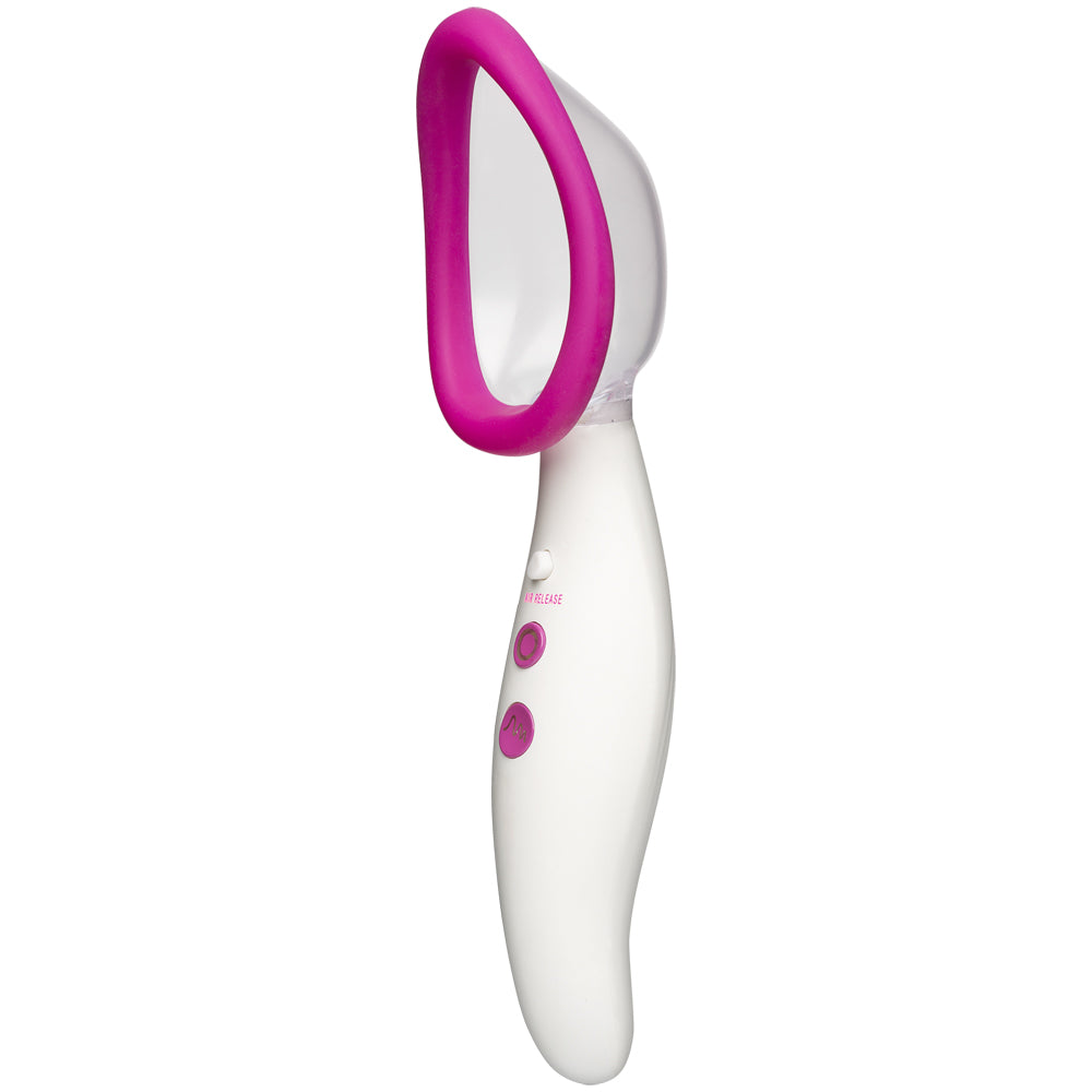 Doc Johnson Automatic Vibrating Pussy Pump Pink showing its sleek design and control buttons for enhanced pleasure.